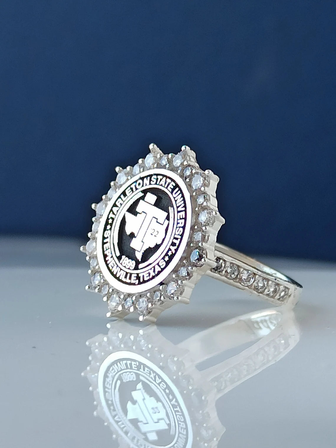 Tarleton State University sterling silver class ring with engraved name and year.