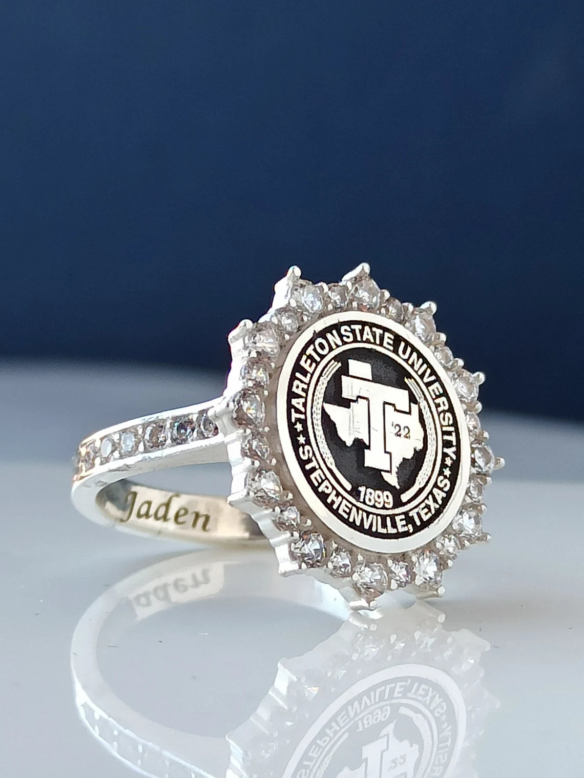 Tarleton State University sterling silver class ring with engraved name and year.