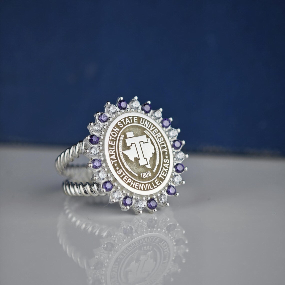 The Tarleton Crown Ring – Handcrafted Sterling Silver Graduation Ring with Amethyst Accents