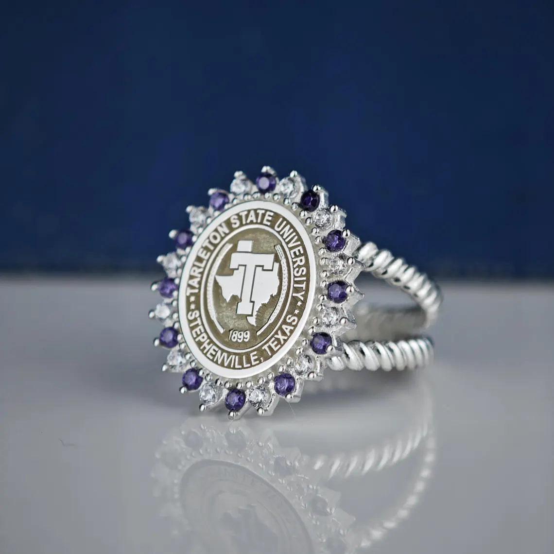 The Tarleton Crown Ring – Handcrafted Sterling Silver Graduation Ring with Amethyst Accents