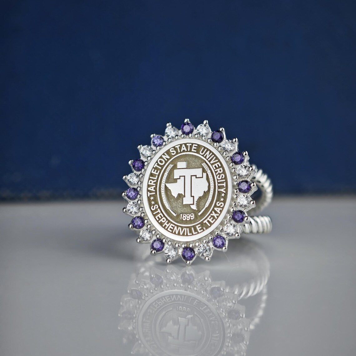 The Tarleton Crown Ring – Handcrafted Sterling Silver Graduation Ring with Amethyst Accents