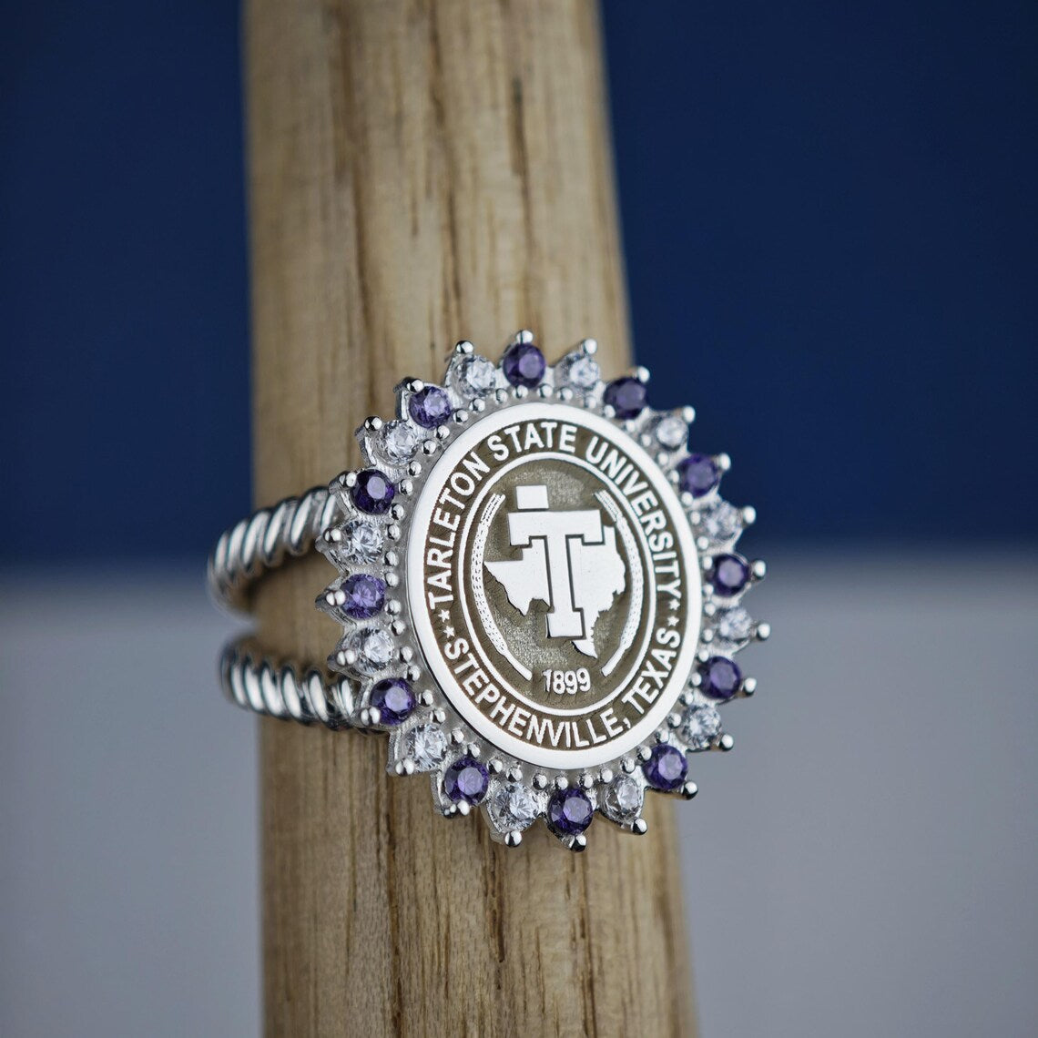 The Tarleton Crown Ring – Handcrafted Sterling Silver Graduation Ring with Amethyst Accents